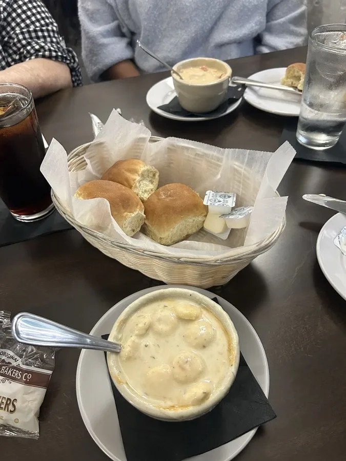 Bread basket and New England clam chowder at C-Stones Tavern